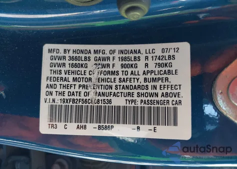 2012 Honda Civic Lx from USA, damaged, VIN 19XFB2F56CE081536